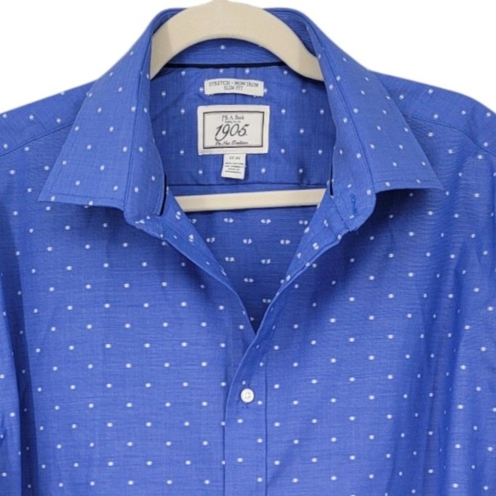 Jos A Bank 1905 Dress Shirt 17-35 Blue Stretch Non Iron Slim Fit Cotton Spandex